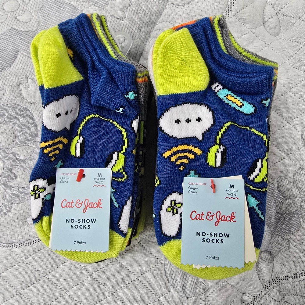 Cat & Jack Kids 14 Pack No-Show Gamer Socks Blue Neon Green Size M 9-2.5 NWT